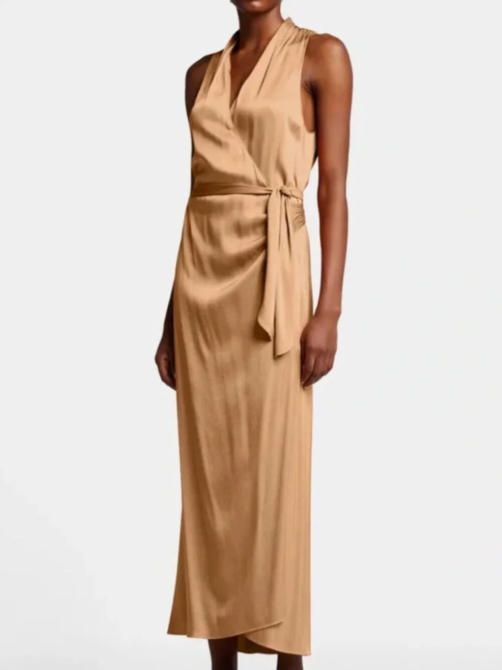 NWT Vince Sleeveless Drape-Neck Satin Midi Wrap Dress Gold M $395 Contemporary